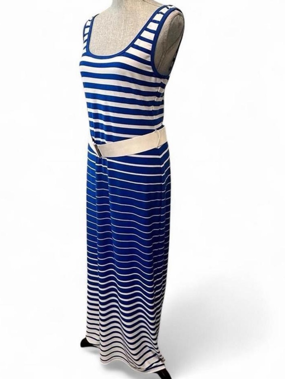 Ombre stripe sleeveless maxi dress size 10 medium coastal blue white with belt